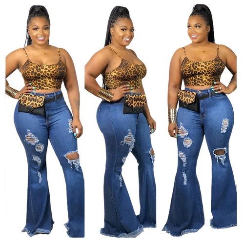 NEW Plus Size Women Ripped Broken Hole Casual Long Bell Bottom Jeans Denim  Pants | eBay