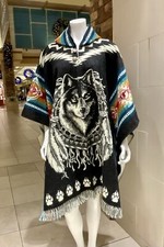 HANDCRAFTED ALPACA WOOL PONCHO, UNISEX DREAMCATCHER WOLF, Black, Made In Ecuador