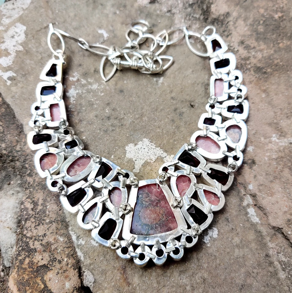 Collar Joyería Moda Hecho a Mano Corte Granate Cabina Rodocrosita Natural Argentina Foto 3 de 4