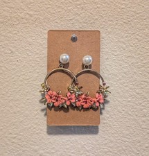 Gold Pink Flower Dangle Drop Earrings White R...