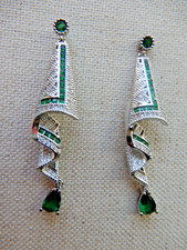 NWOT Rhodium Plated 925 Sterling Deco Style Earrings with Faux Emeralds