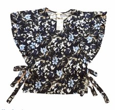 Image of H&M Womens Blouse Top Sze S Navy Blue Floral Flared Short Sleeve Jersey Tie-Side
