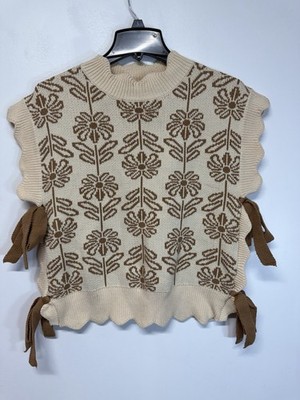 &merci Floral Jacquard Sweater Vest Cream Brown Side Tie Bow Scallop Sz M NWT