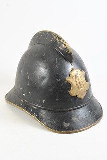 C55A08 Vintage Fire Engine Steel Helmet with Brass Comb Applike Early 20th Century