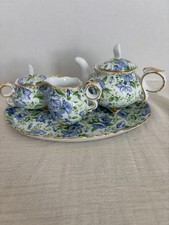 Miniature tea Service set Accented with blue floral and green leaves.