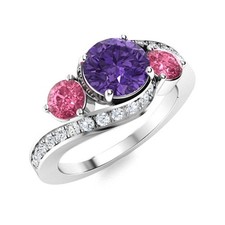 5MM Round Shape Amethyst  Pink Topaz 925 Sterling Silver Three Stone Women Ring