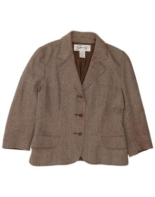 Genny Womens 3 Button Blazer Jacket UK 16 Large Brown Herringbone Wool AP08