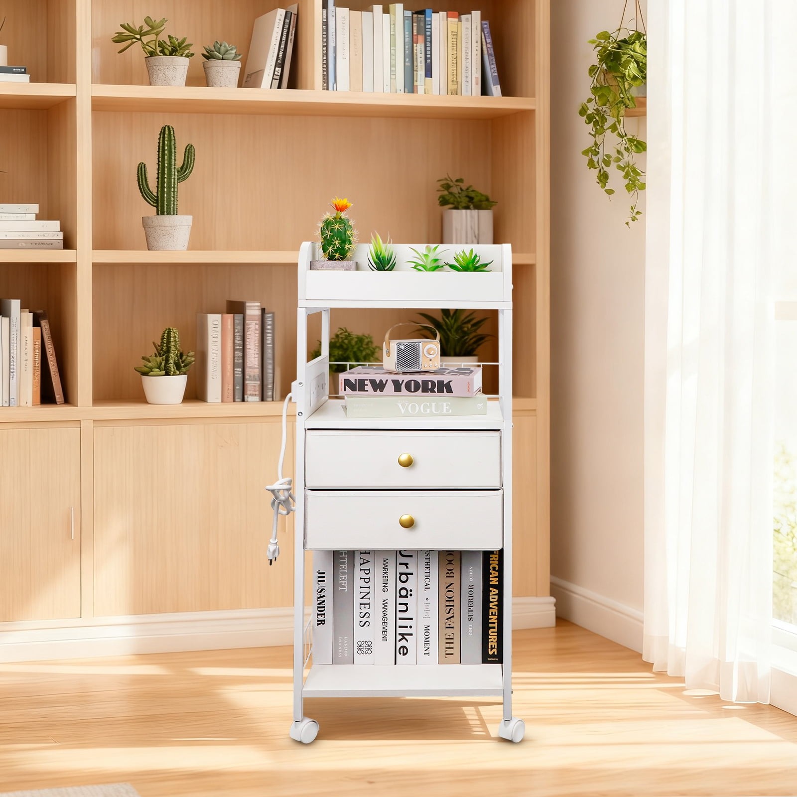 Mobile 3-Tier Utility Cart with USB, Wood Top & Drawer for Kitchen, Living Room