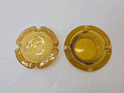 Vintage Round Amber Glass Ripple Ashtray 4.5" MCM Anchor Hocking - Lot of 2