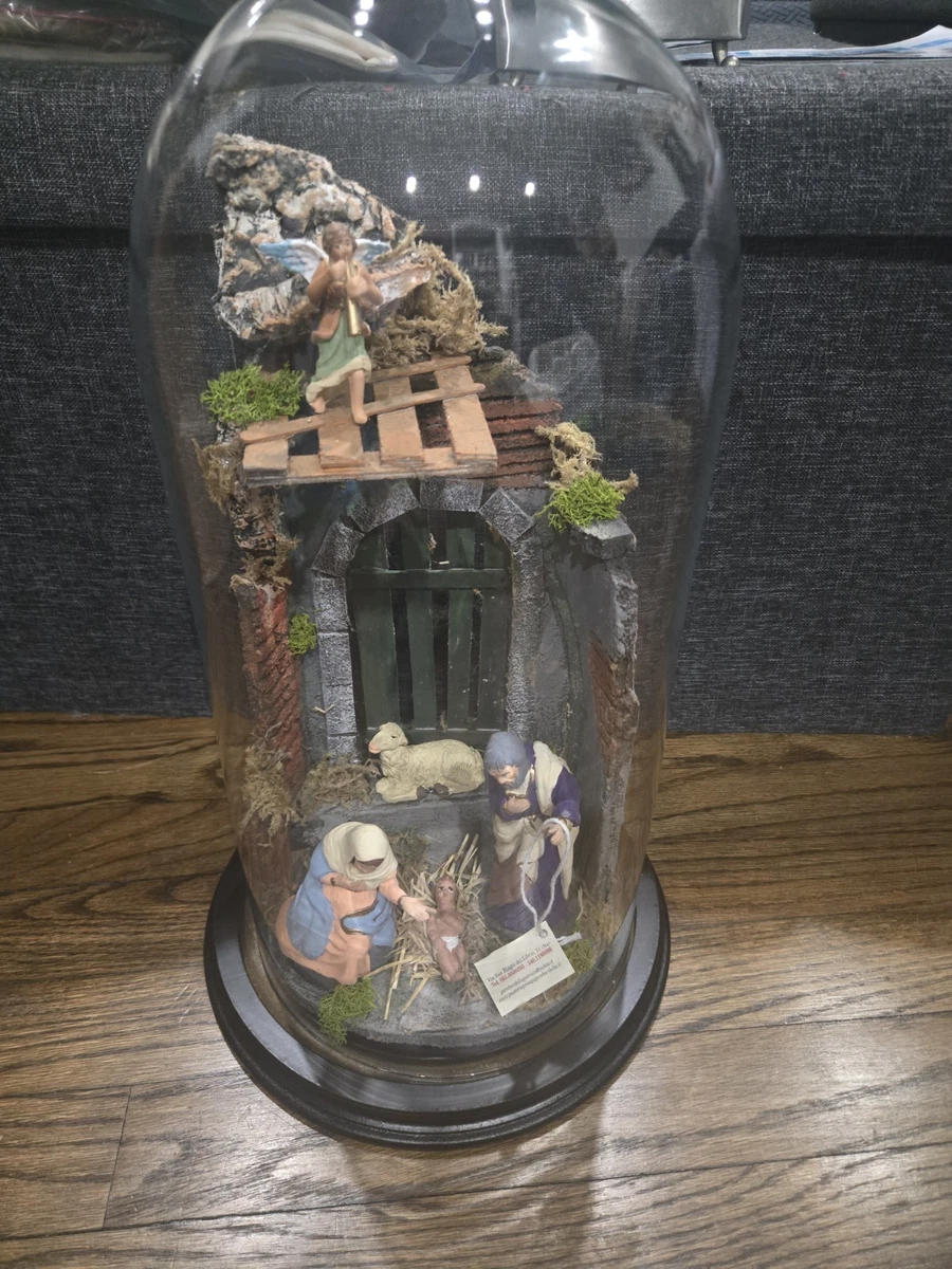 Presepe Completo In Campana Di Vetro, Altezza 5 Cm, Diametro 3,5 Cm, Con Statuine In Metallo E Terracotta – Maria, Giuseppe, Gesù, Asino, Bue, Con Base In Sughero E Portachiavi