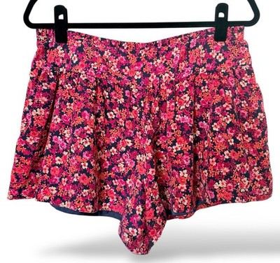 Express Size 8 Pleated Floral High Waisted Skort Shorts Navy Pink Orange