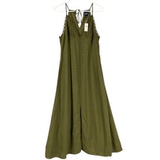GAP Olive Green Eyelet Trim Maxi Dress Tie Back V Neck Linen Blend Womens Small