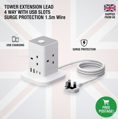 TURM-VERLÄNGERUNGSKABEL 4-WEGE MIT USB-STECKPLÄTZEN UND ÜBERSPANNUNGSSCHUTZ 1,5 m KABEL UK-STECKER