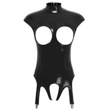 Womens Leather Bodysuit Exposed Crotchless Leotard Hollow Out Cupless Jumpsuit