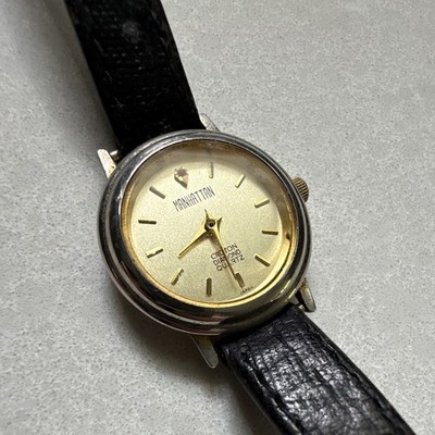 Manhattan Croton Diamond Quartz Women's Analog Gold Dial Black Leather Strap