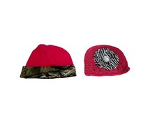 Lot of 2 Crocheted Beanie Cap Hat Crib Pink Brown Camo Trim Flower Applique
