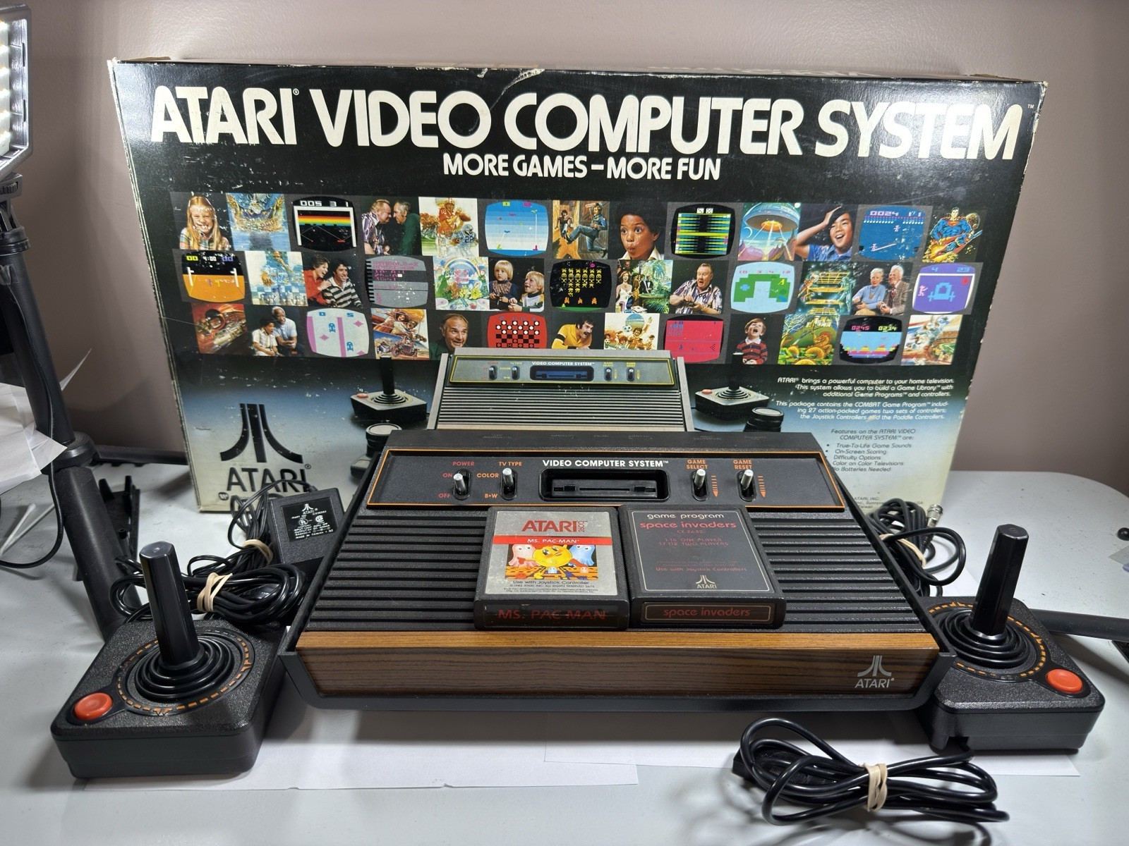 Atari 2600 Woodgrain 6 Switch Console With Box & 2 Games TESTED! *Read Desc*