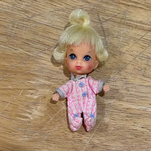 Vintage Mattel Liddle Kiddle Baby Doll Blonde Top Knot Pink Checkered Pajamas