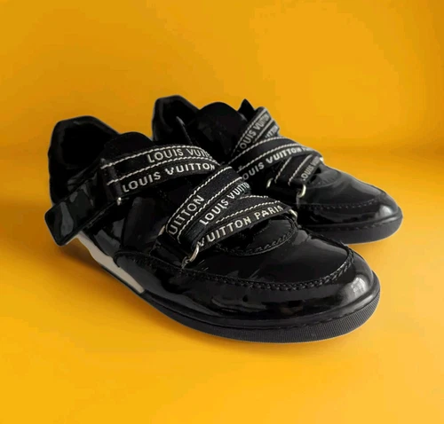 LOUIS VUITTON TRAINER Louis Vuitton Logo Straps Nero Verniciato Pelle Sneakers Scarpe da Ginnastica 8 Tg 38