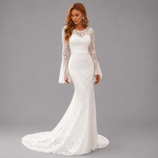 White Round Neck Lace Mermaid Wedding Dress Long Flare Sleeves Bridal Gown