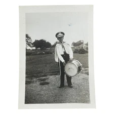 Vtg Band Photo Bass Drum Uniform Trees Path B&W Marching Music Scene Snapshot