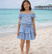 Tommy Bahama Girls US Sz 7 blue gingham tank crop top skirt set EUC