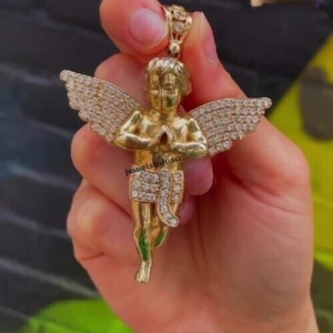 Authentic 100% Genuine Moissanite Baby Angel Pendant For Him 14k Yellow Gold Plated Silver