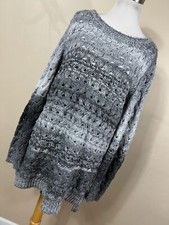 Jones New York XL Sweater Gradiant Gray Open Knit Long Tunic Scoop Neck H5