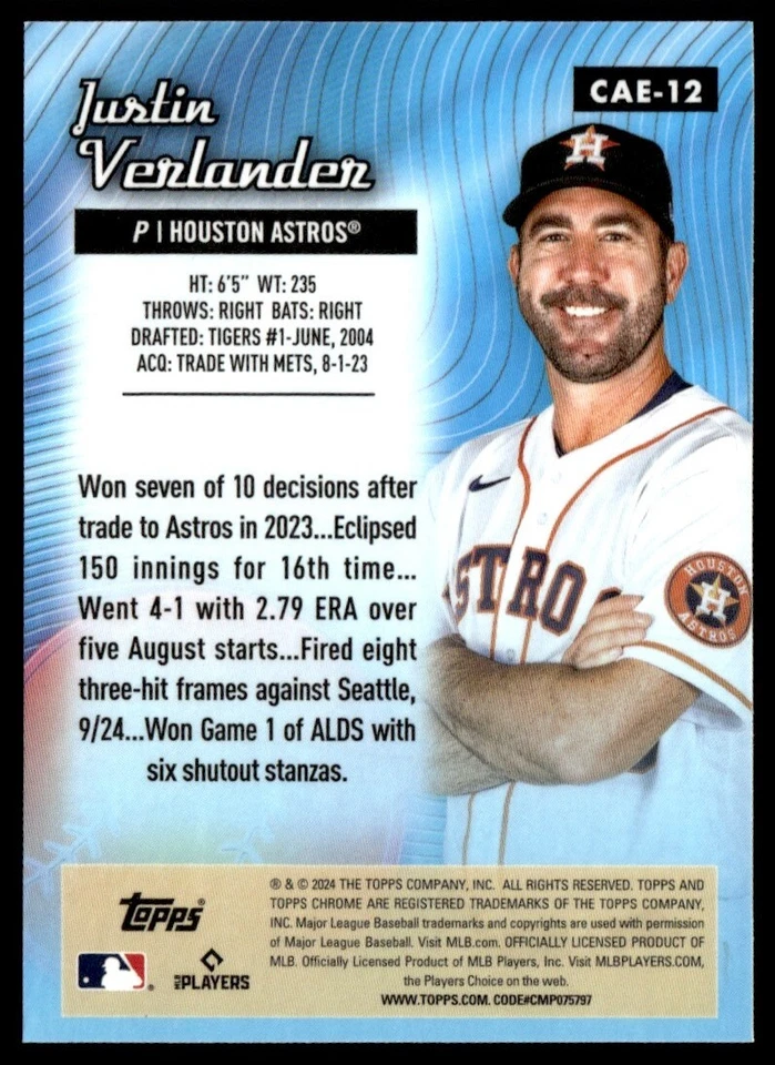 2024 Topps Chrome All Etch Justin Verlander #CAE-12 JW1-1 - Image 2 of 2