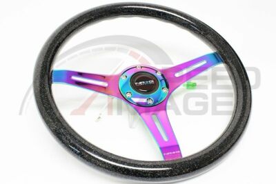 NRG 350MM NEO CHROME STEERING WHEEL 3 SPOKE CENTER SPARKLE WOOD ST-015MC-BSB