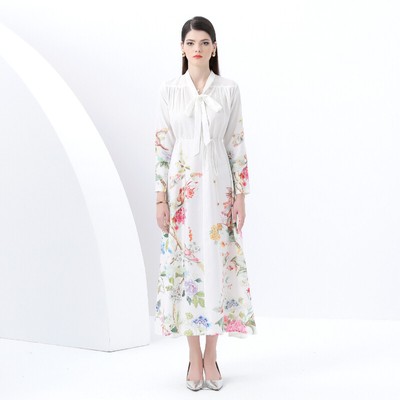 Vintage Floral Print Bow Tie V Neck Loops Long Sleeve Women Casual Party Dresses