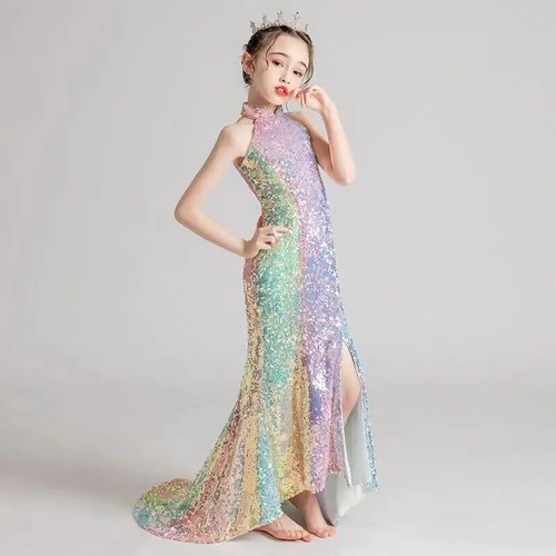 A girl's sequined long dance dress, sparkling graduation party performance dress - Picture 7 of 19