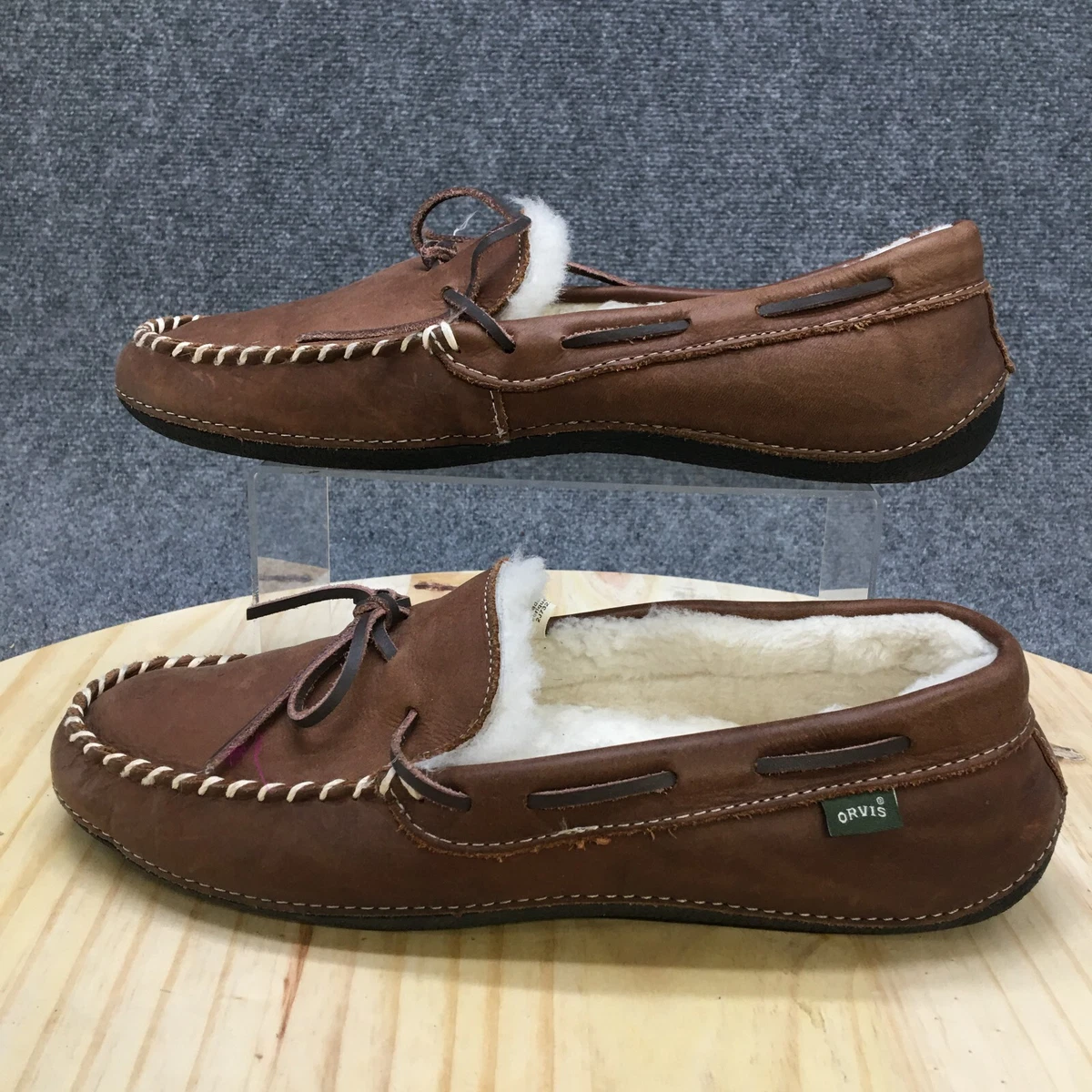 Orvis Slippers Mens 12 M Moccasins Shearling Winter Brown Leather