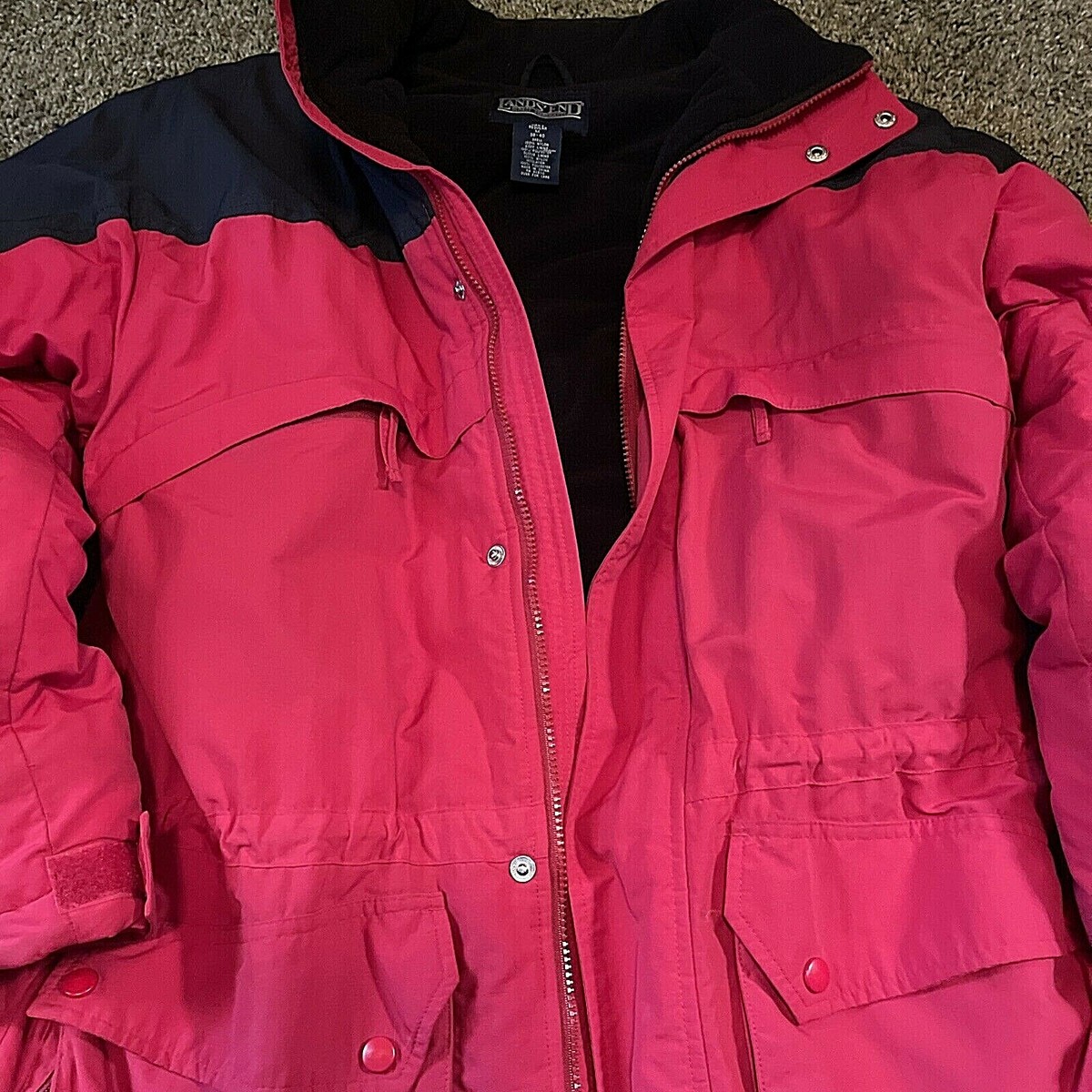 LANDS END Nylon Ski Jacket Coat Men Size MED RED insulated zippered hooded  cold