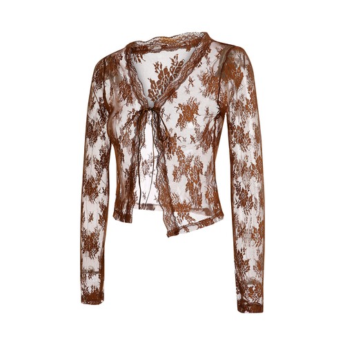 Damen-Cardigan transparent durchsichtig Überwurf Langarm vorne offen zum Binden Spitze - Bild 11 von 16