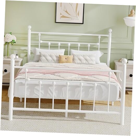 Size Metal Platform Bed Frame with Headboard and Footboard, Heavy Queen White