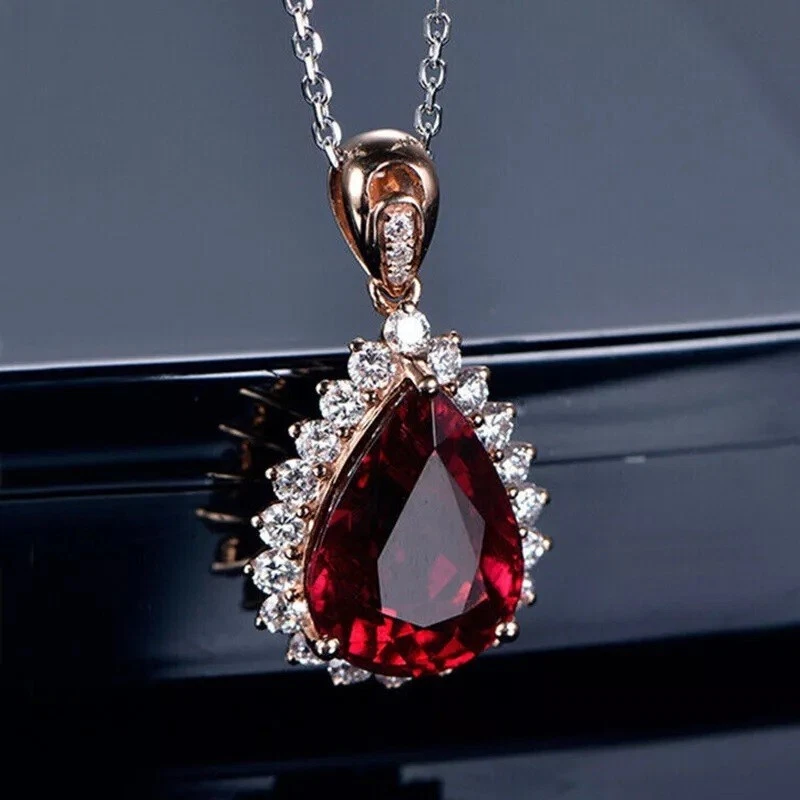 2Ct Pear Cut Lab-Created Red Ruby Women Beauty ChainPendant 14K Rose Gold Plated - Image 4 of 4