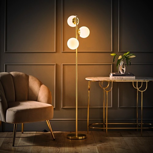 Modern Gold Floor Lamp Frosted Glass Globe Shades Living Room Light LED Bulbs - Picture 2 of 8