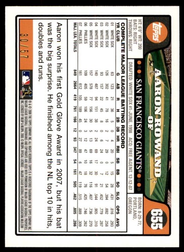 2008 Topps Black Aaron Rowand 30/57 Giants #655 *Noles2148* - Picture 2 of 2