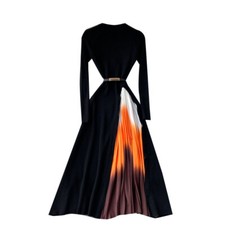 Ladies Knitted Midi Dress Pleated Black Long Sleeve Swing Gradient Color Casual