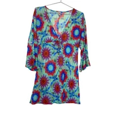 Luli Fama Rainbow Multicolor Tie Dye Print Long Sleeve Mini Dress Coverup