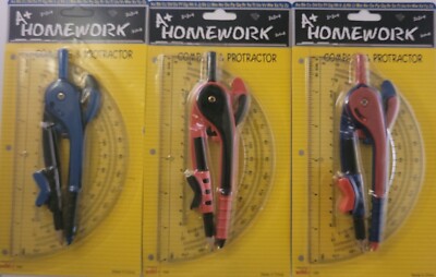 Safety Compass, Ruler & Protractor Set, Select Color: Red, Blue or Orange