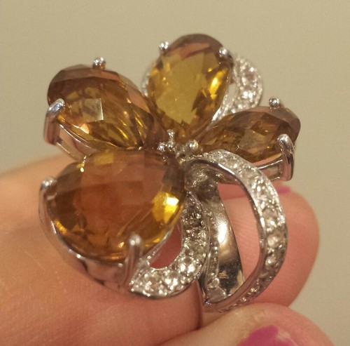 Sterling Silver SMOKY COGNAC QUARTZ & WHITE TOPAZ Ring, Size 7, Showstopper! - Picture 12 of 15