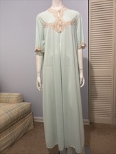 Vintage SEARS Robe Peignoir Light Green Lace Trim 3 Buttons Nylon Sz 36