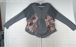 Umgee Women's Gray Mixed Media Paisley Print Henley Cardigan Top Size M
