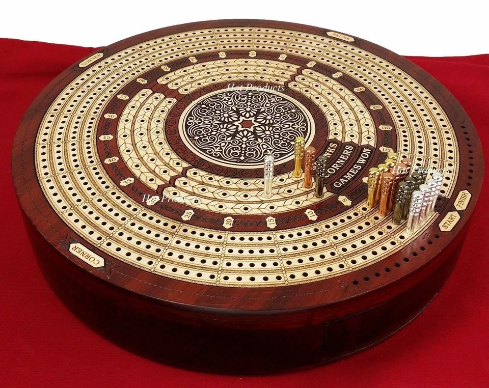 4 TRACK ROUND Continuous Cribbage Board Metal Pegs BLOODWOOD Skunks & Corners - Image 3 of 4