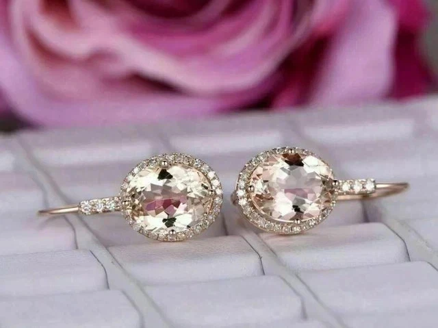 Brincos ovais 3 quilates criados em laboratório com gota/pingente de morganita de pêssego folheados a ouro rosa 14K - Imagem 4 de 4