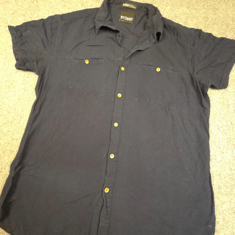 Camisa Stussy Para Hombres GRANDE Azul Manga Corta Cuello Abotonado Informal Talla L Foto 4 de 4