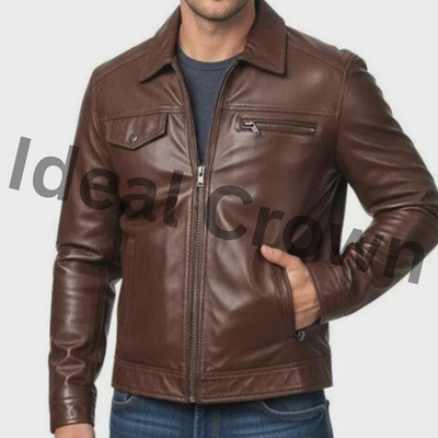 Men's Brown Leather Biker Jacket Slim Fit Genuine Motorcycle Style Cafe Racer