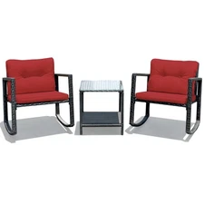 Patiojoy 3PCS Patio Rattan Furniture Set Rocking Chairs Cushioned Sofa Burgundy